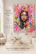 Blooming Serenity – handgemaltes Originalgemälde von Raka (120 × 170 cm) in einem modernen, hellen Wohnzimmer mit hochwertiger Einrichtung.