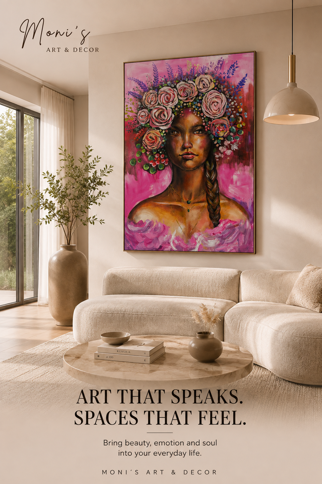 Handgemaltes Originalgemälde „Blooming Soul“ von Raka in modernem Wohnzimmer – florales Porträt auf Leinwand, 120 × 180 cm.