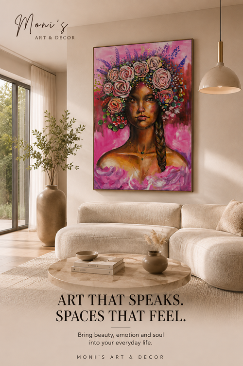 Handgemaltes Originalgemälde „Blooming Soul“ von Raka in modernem Wohnzimmer – florales Porträt auf Leinwand, 120 × 180 cm.