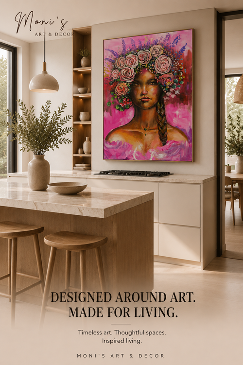 Großes handgemaltes Leinwandbild „Blooming Soul“ von Raka in heller, moderner Küche – florales Originalgemälde aus Bali.