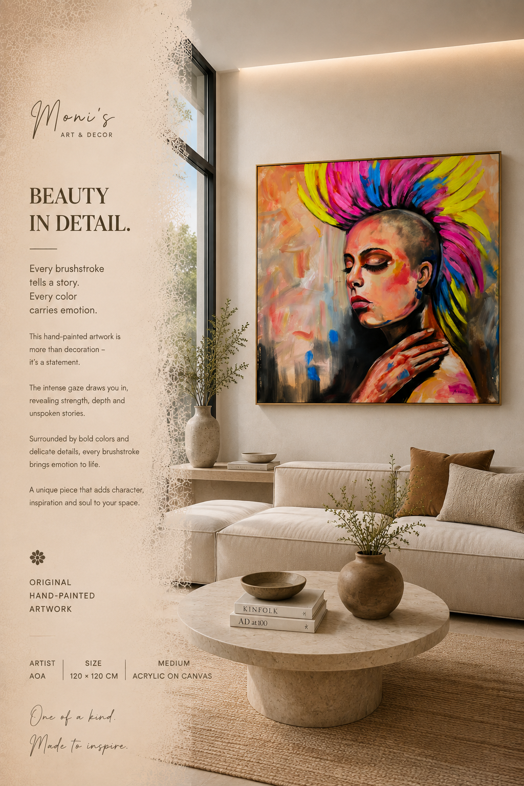 Großformatiges handgemaltes Leinwandbild „Silent Rebel“ von Raka in modernem Premium-Interior – Originalkunst aus Bali.