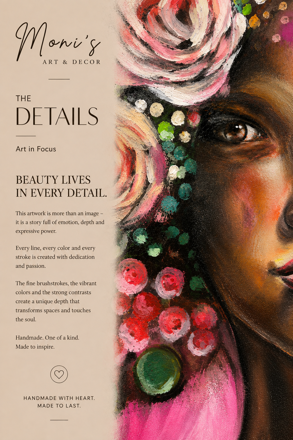 Detailaufnahme von „Blooming Soul“ – ausdrucksstarke Augen, sichtbare Pinselstruktur und handgemalte Details des Originalgemäldes von Raka.