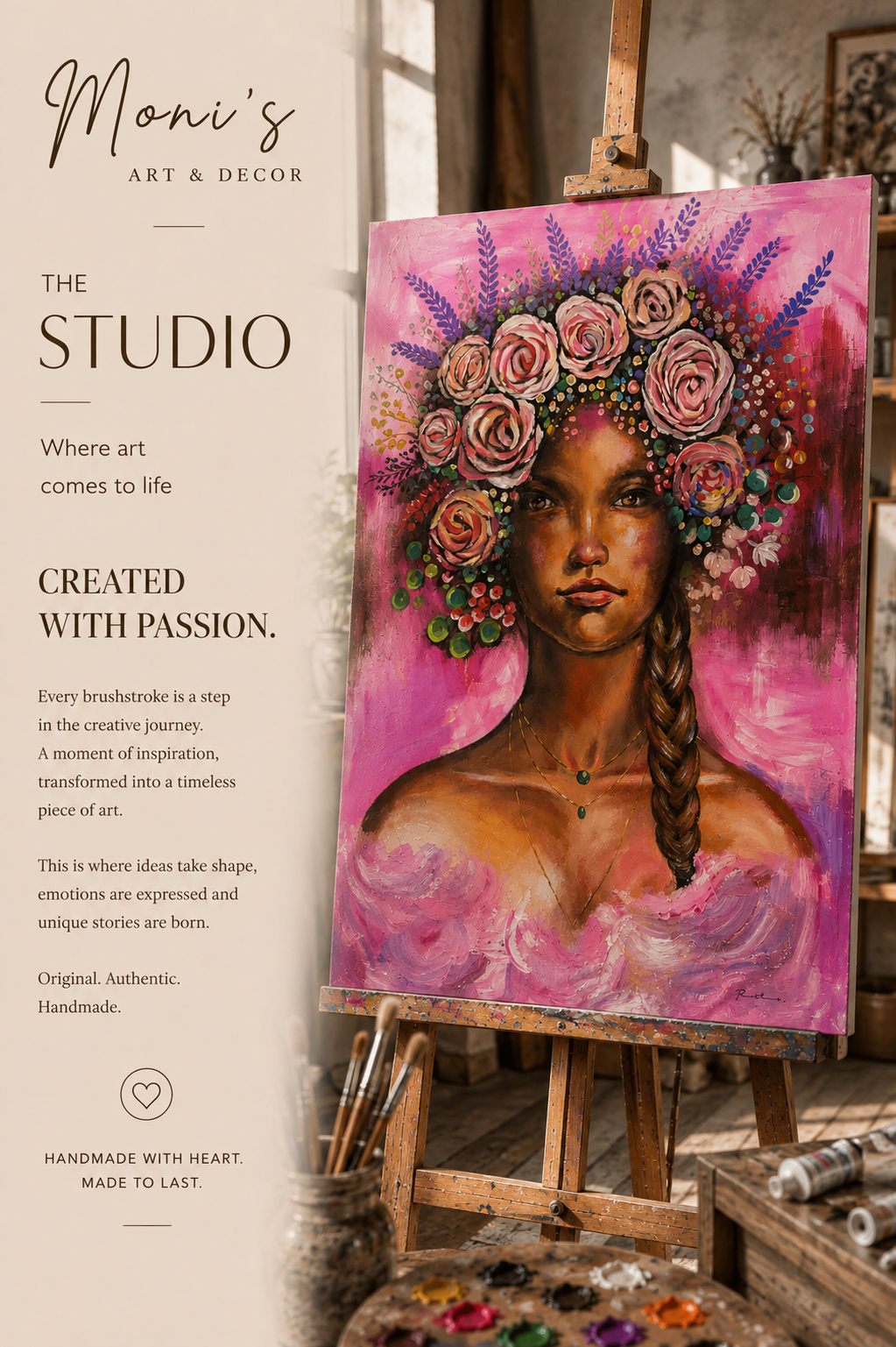 Handgemaltes Originalgemälde „Blooming Soul“ von Raka auf einer Staffelei im Künstleratelier – moderne Kunst aus Bali.