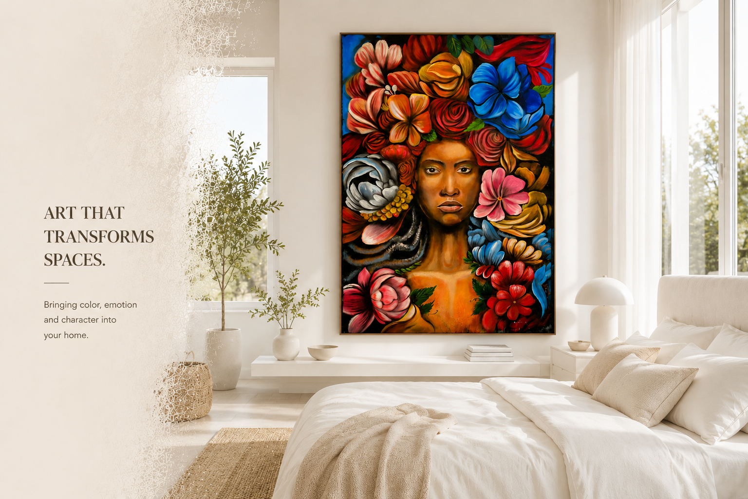 Radiance – handgemaltes Originalgemälde von Raka als Wandkunst in einem modernen Schlafzimmer