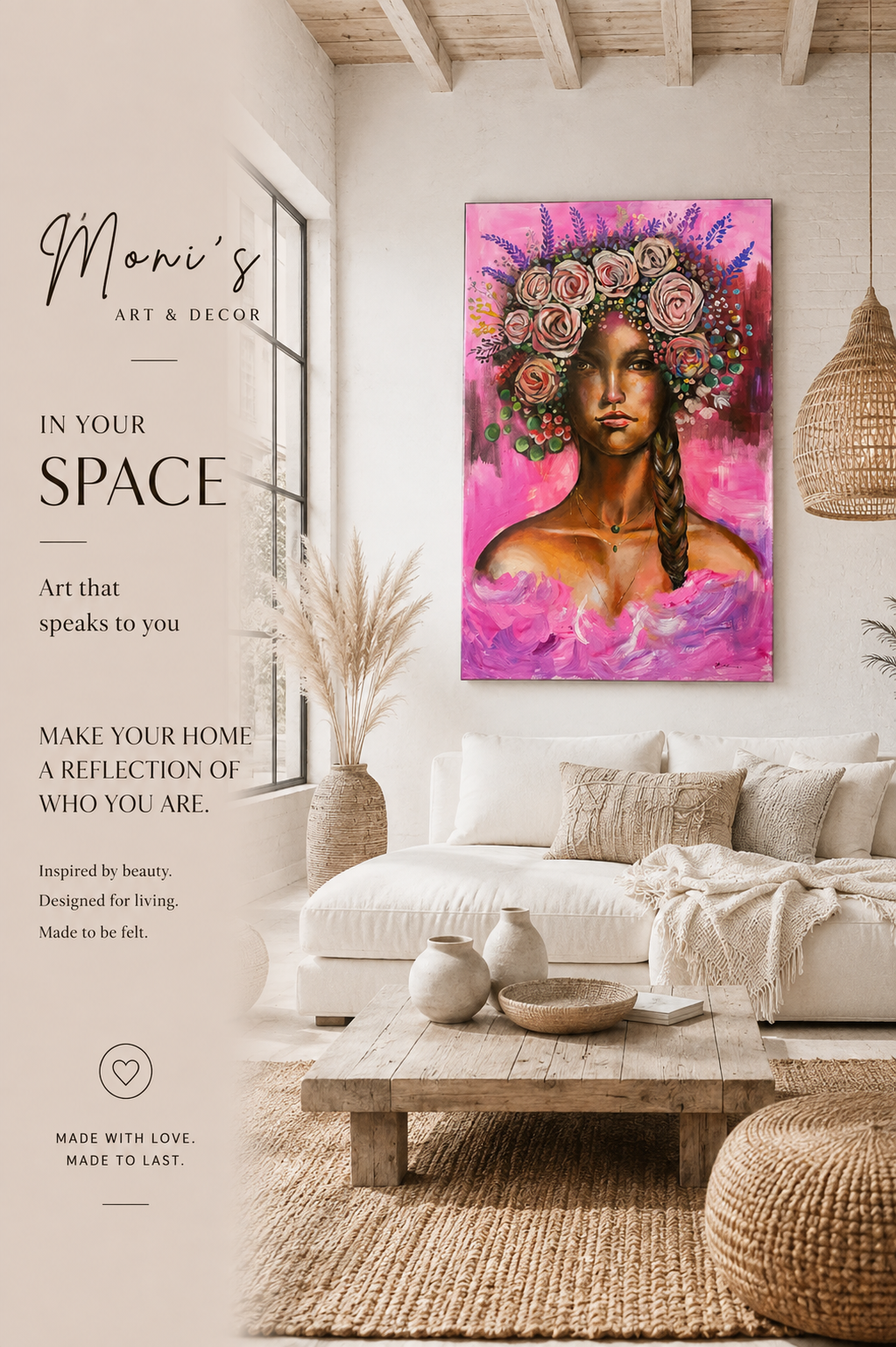 Handgemaltes Originalgemälde „Blooming Soul“ von Raka als Blickfang in einem hellen Boho-Loft – florale moderne Wandkunst auf Leinwand.
