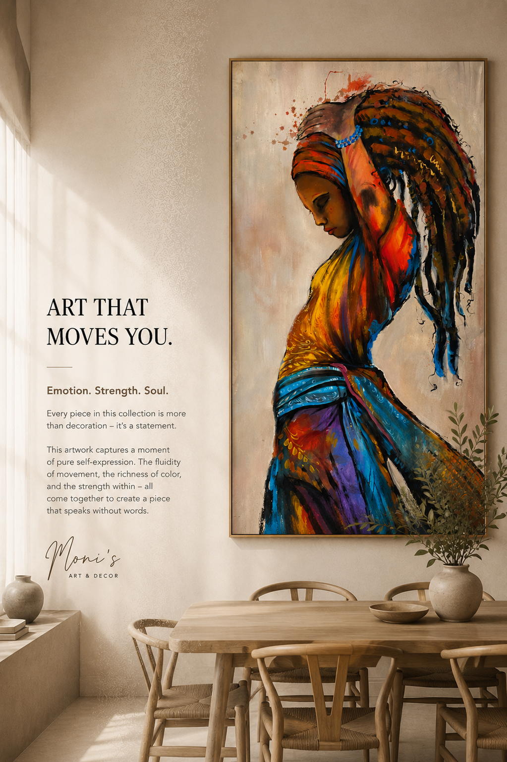 Free Spirit – modernes Originalgemälde von Raka als Statement Piece in einem hellen Loft-Esszimmer
