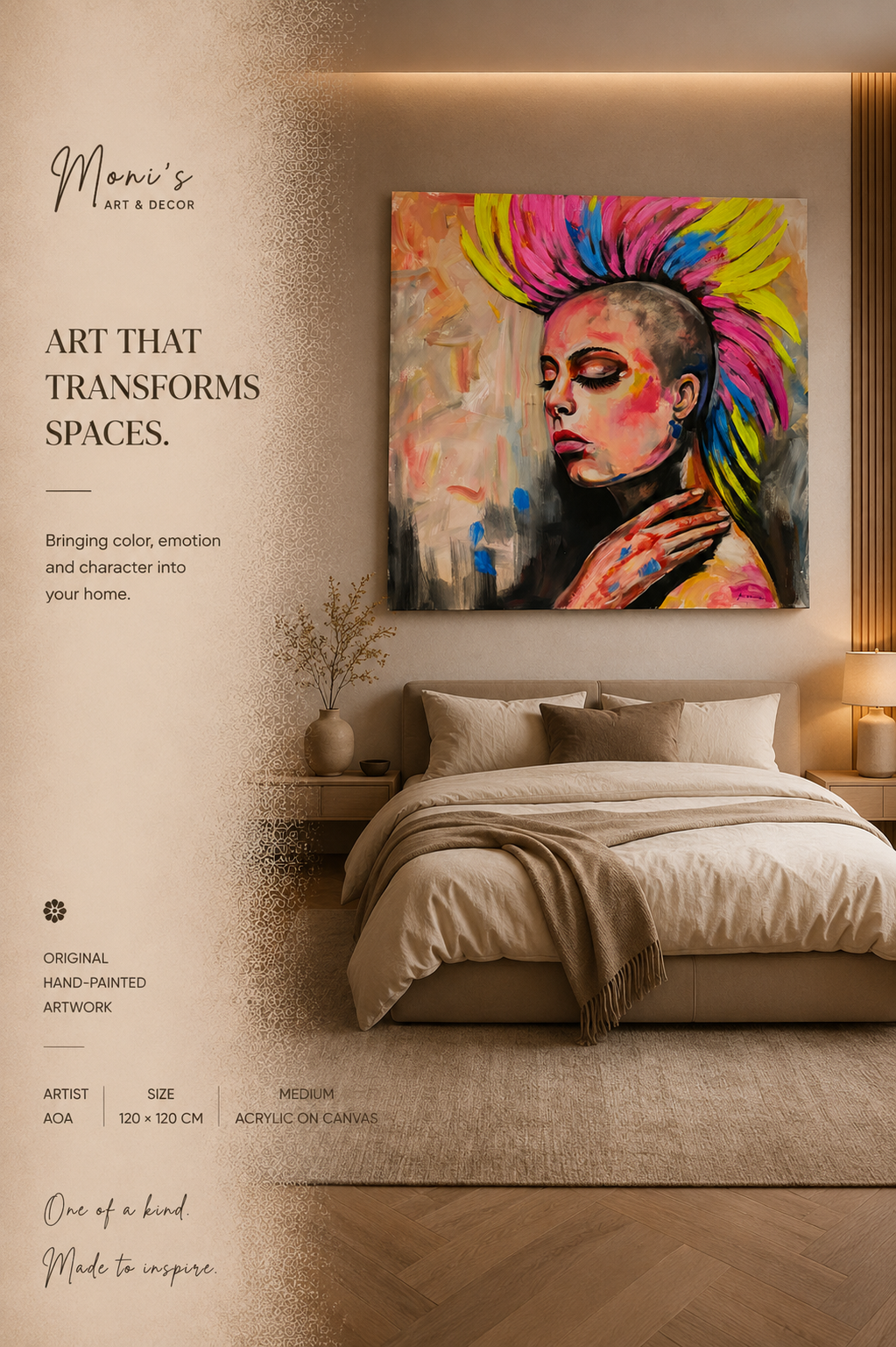 Modernes Schlafzimmer mit dem handgemalten Originalgemälde „Silent Rebel“ von Raka als großformatiges Leinwandbild über dem Bett.