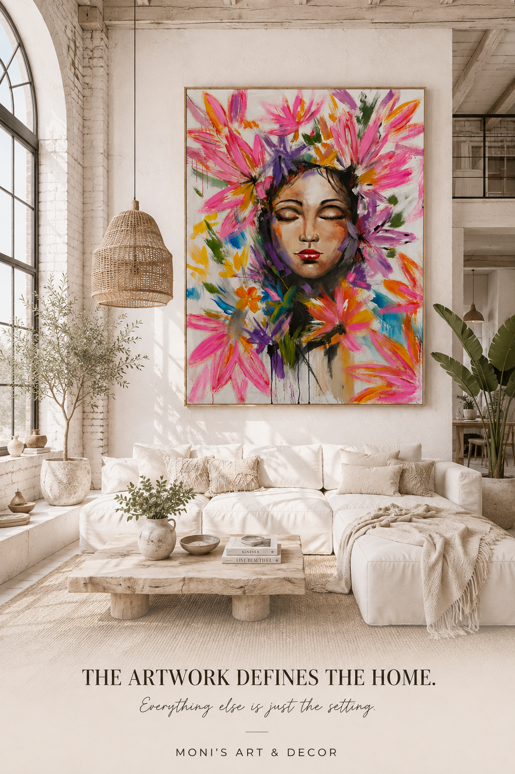 Blooming Serenity – handgemaltes Originalgemälde von Raka in einem hellen Loft-Wohnzimmer im modernen Boho-Stil.